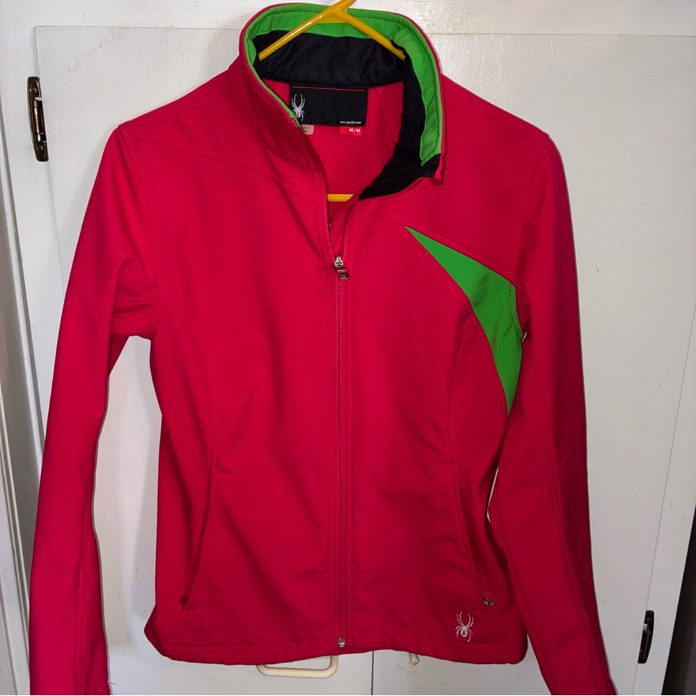 Spyder women’s ski jacket hot pink lime green trim m medium layer full zip